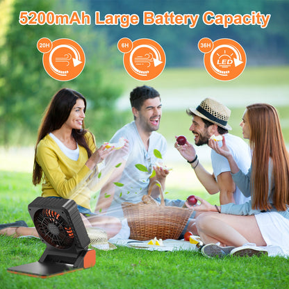 1Pc Solar Camping Fan With LED Lantern 5200mAh Rechargeable Battery Operated Portable Fan With Emergency Power Bank 4 Wind Speeds 3 Light Modes 3 Timers For Hiking Fishing Travel