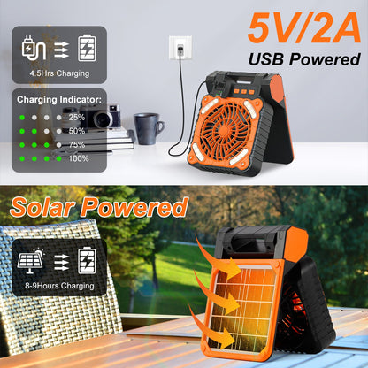1Pc Solar Camping Fan With LED Lantern 5200mAh Rechargeable Battery Operated Portable Fan With Emergency Power Bank 4 Wind Speeds 3 Light Modes 3 Timers For Hiking Fishing Travel