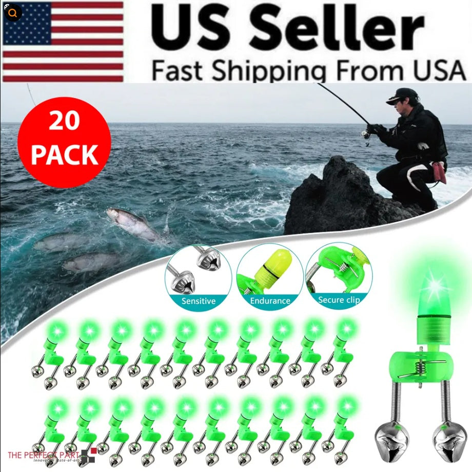 10 40 PC LED Night Fishing Bite Bait Alarm 2 Bells Light Rod Tip Clip Alert Ring