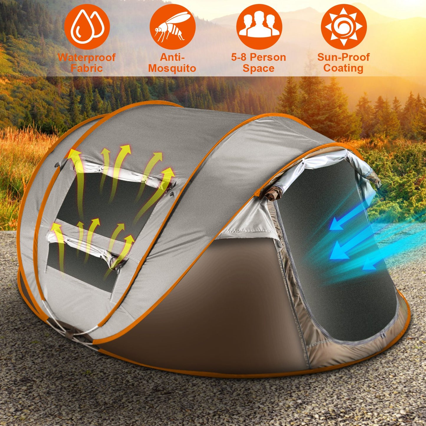 1Pc 5-8 Person Tent Automatic Setup Camping Tent Waterproof Instant Setup Tent With 4 Mosquito Net Windows Carrying Bag For Hiking Climbing Adventure Fishing
