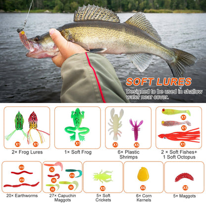 375Pcs Fishing Baits And Tackle Box Saltwater Freshwater Fishing Lures Kit Lifelike Popper Crankbaits Crickets Frogs Spoon Lures Maggots