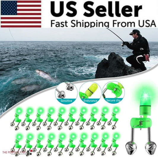 10 40 PC LED Night Fishing Bite Bait Alarm 2 Bells Light Rod Tip Clip Alert Ring