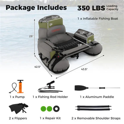 350lbs Inflatable Fishing Float Tube - 2 Air Chambers, Rod Holder+Fish Ruler, Green+Gray