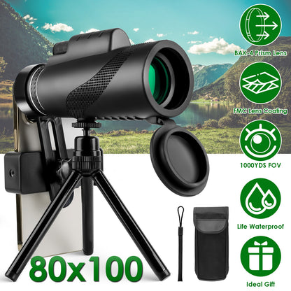 1Pc 80x100 HD Monocular Telescope For Adults BAK-4 Prism High Power Monocular For Smartphone With FMC Lens Phone Adapter Tripod Case For Bird Watching Hunting Hiking Camping