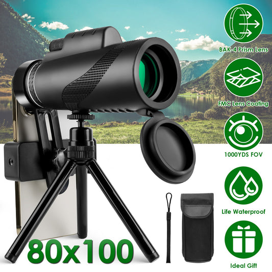 1Pc 80x100 HD Monocular Telescope For Adults BAK-4 Prism High Power Monocular For Smartphone With FMC Lens Phone Adapter Tripod Case For Bird Watching Hunting Hiking Camping
