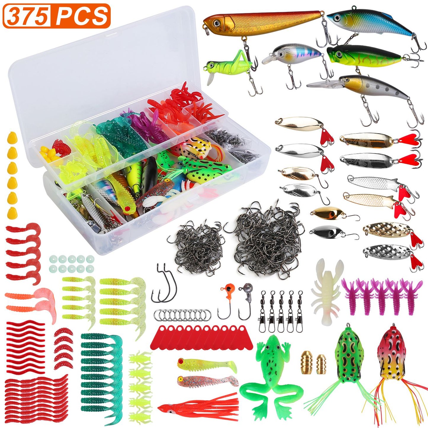 375Pcs Fishing Baits And Tackle Box Saltwater Freshwater Fishing Lures Kit Lifelike Popper Crankbaits Crickets Frogs Spoon Lures Maggots