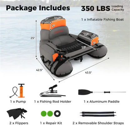 350lbs Inflatable Fishing Float Tube - 2 Air Chambers, Rod Holder+Fish Ruler, Orange+Gray