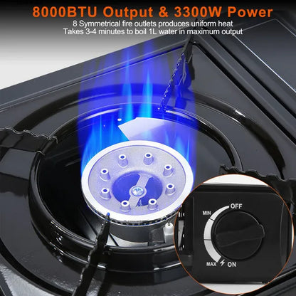 3300W Portable Camping Stove Butane Canister Dual Fuel Burner Piezo Electric Ignition Single Burner With Automatic Tank Ejection Overpressure Cut Off Carry Case