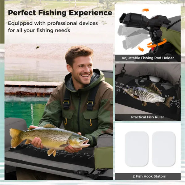 350lbs Inflatable Fishing Float Tube - 2 Air Chambers, Rod Holder+Fish Ruler, Green+Gray