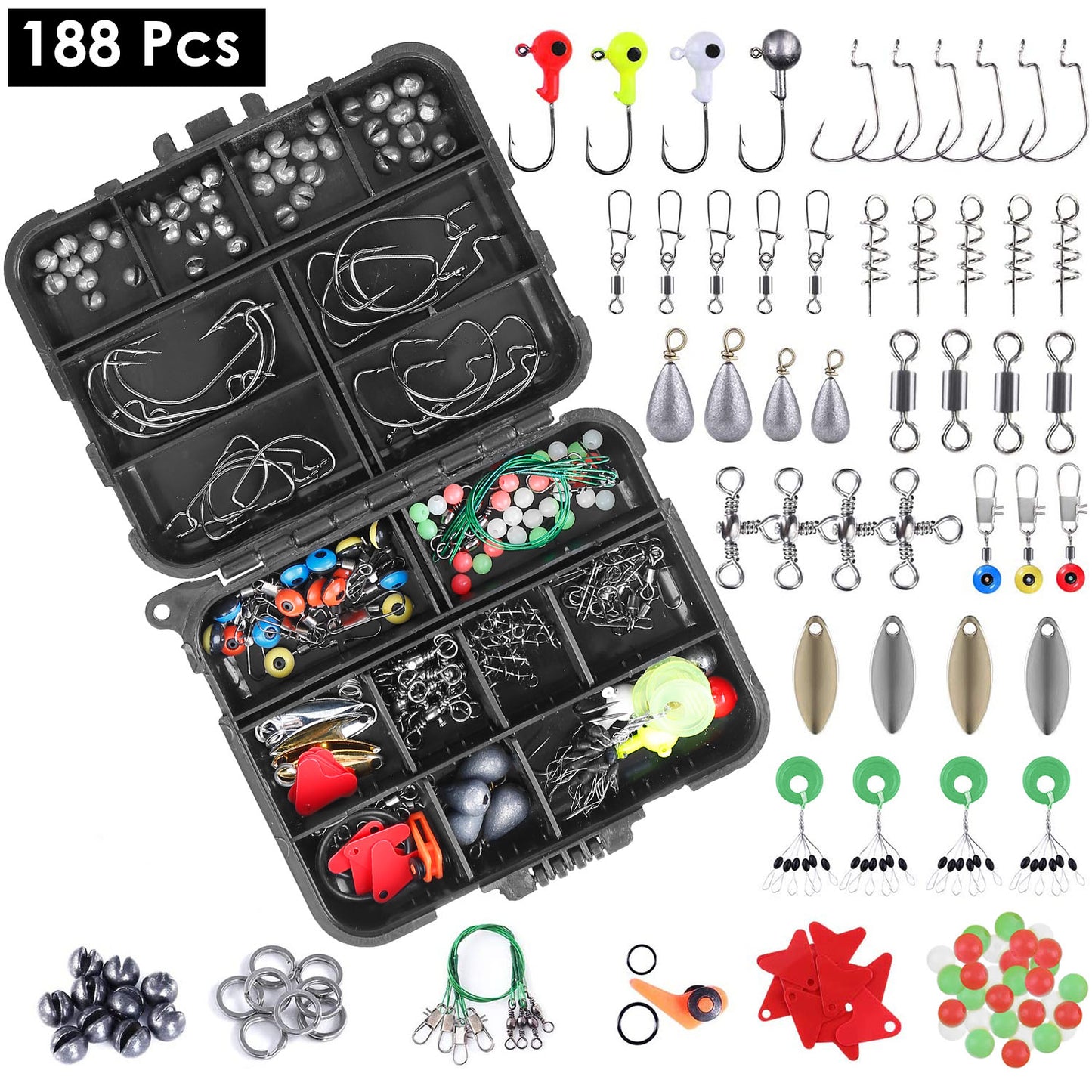 188Pcs Fishing Accessory Kit Portable Fishing Set Including Jig Hooks Sinker Weights Spoon Lure Removable Split Shot With Tackle Box