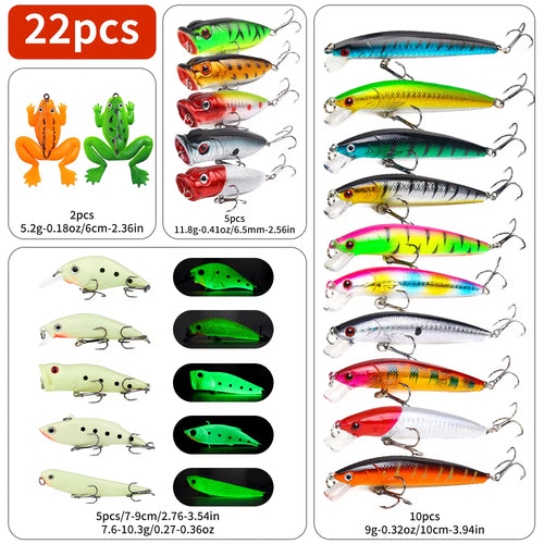 22pcs 1set Hard Lure Bait Soft Frog Popper Minnow Pencil VIB Luminous Lure Kit Durable Hooks Realistic Action Ideal